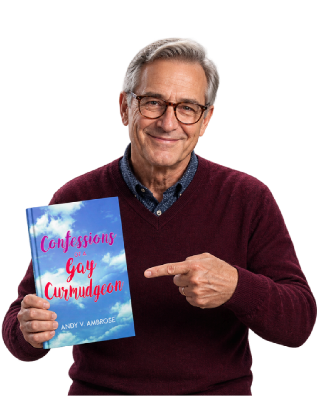 Viktor holding his book, Confessions of a Gay Curmudgeon